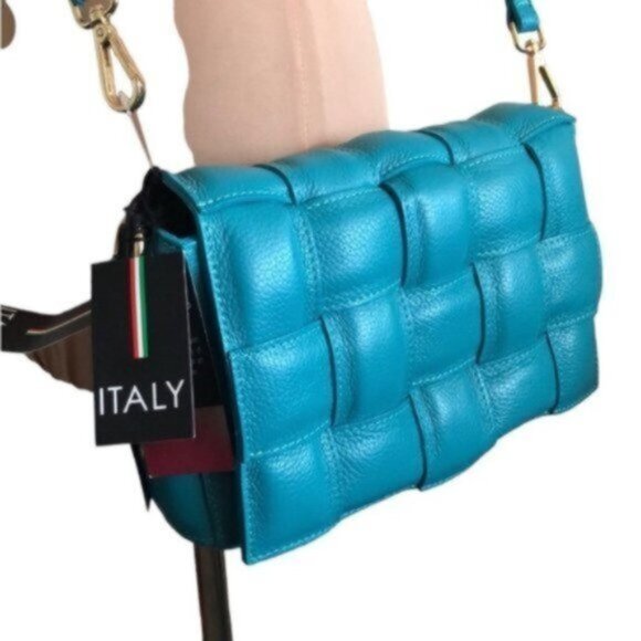 Chiara Ferretti Quilted Italy Leather Flap Over Woven Crossbody Blue Handbag - Picture 2 of 10